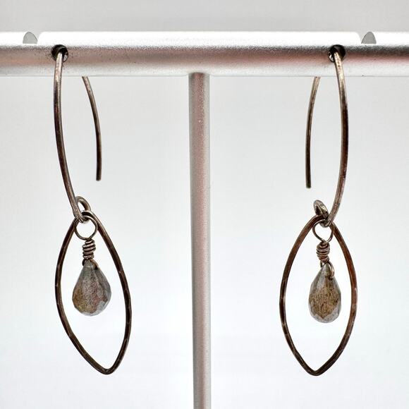 Labradorite Briolette Dangle Silver Threader Hoop Earrings Wirework Acid Tested - Picture 1 of 12